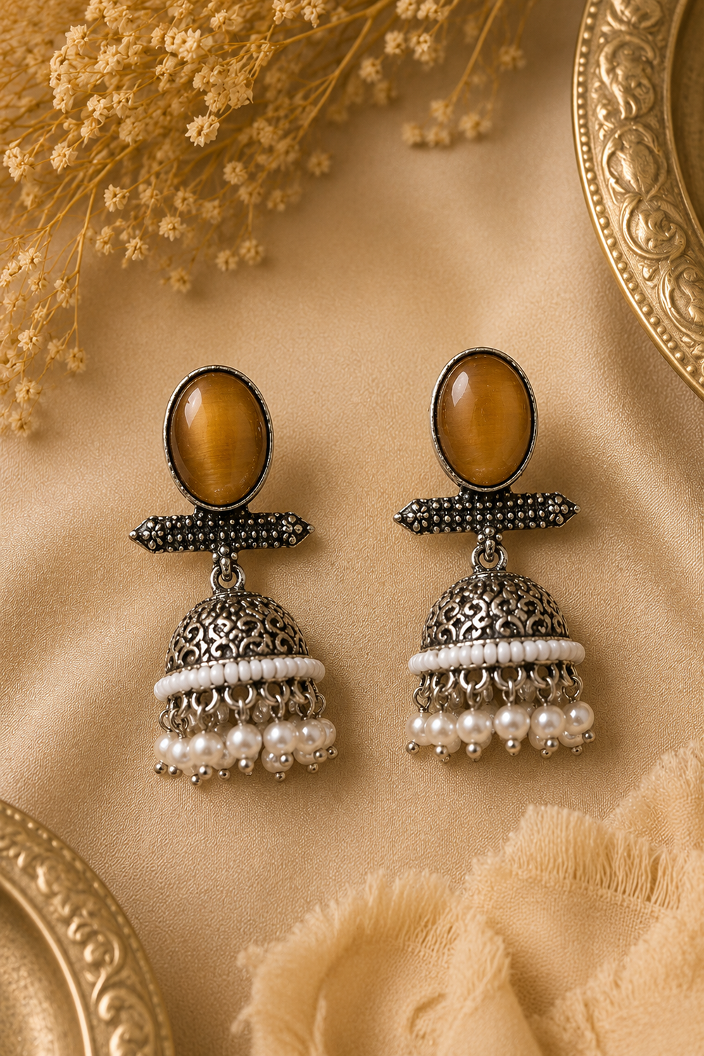 Celeste Oxidized Silver Pearl Jhumka Earrings – Available in 12 Colors