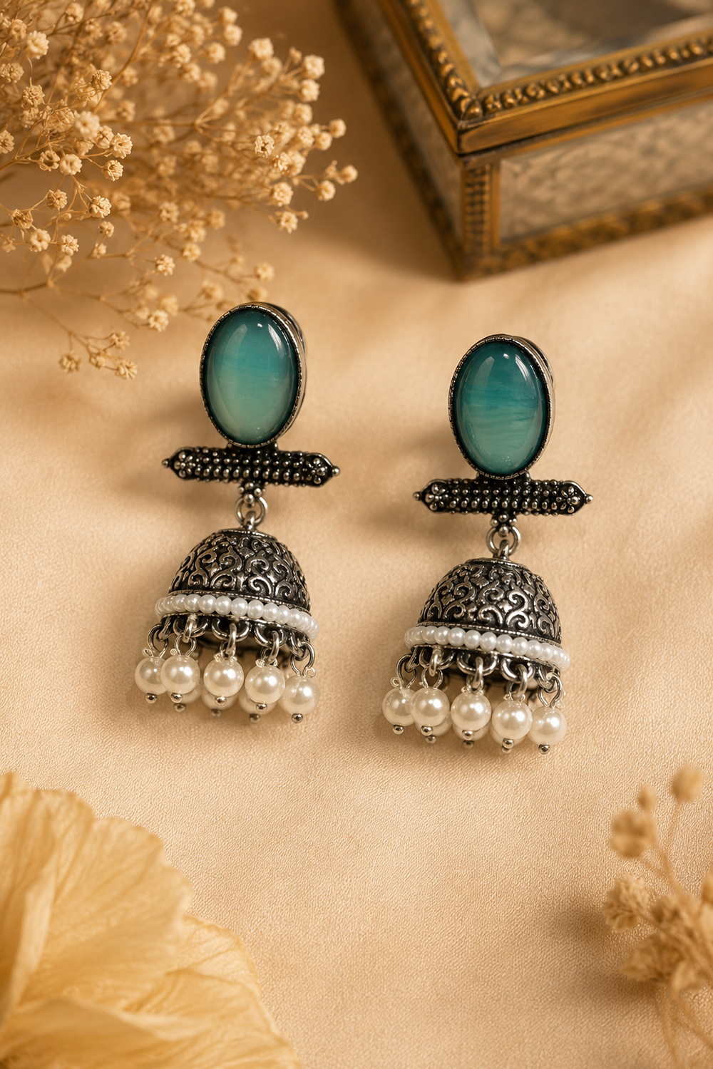 Celeste Oxidized Silver Pearl Jhumka Earrings – Available in 12 Colors