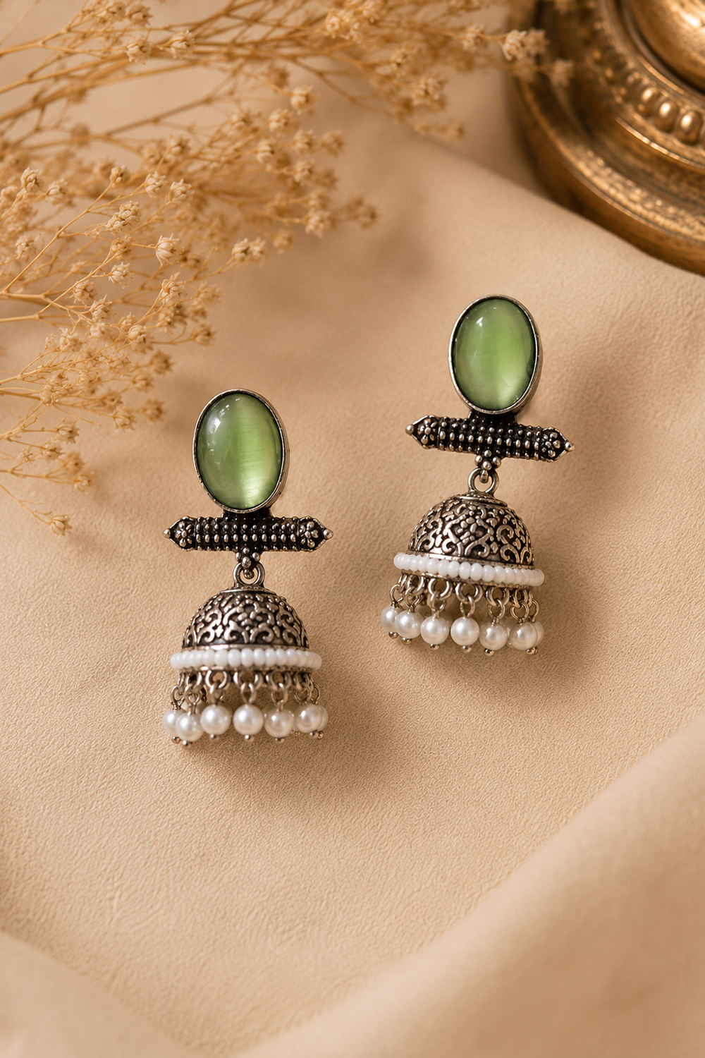 Celeste Oxidized Silver Pearl Jhumka Earrings – Available in 12 Colors