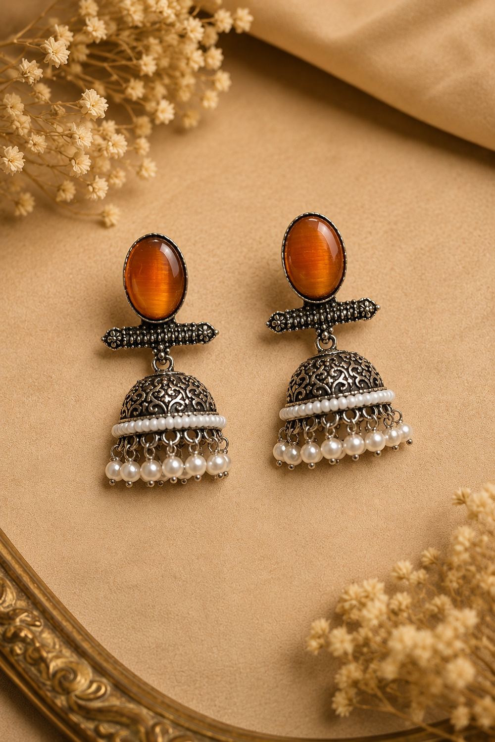 Celeste Oxidized Silver Pearl Jhumka Earrings – Available in 12 Colors