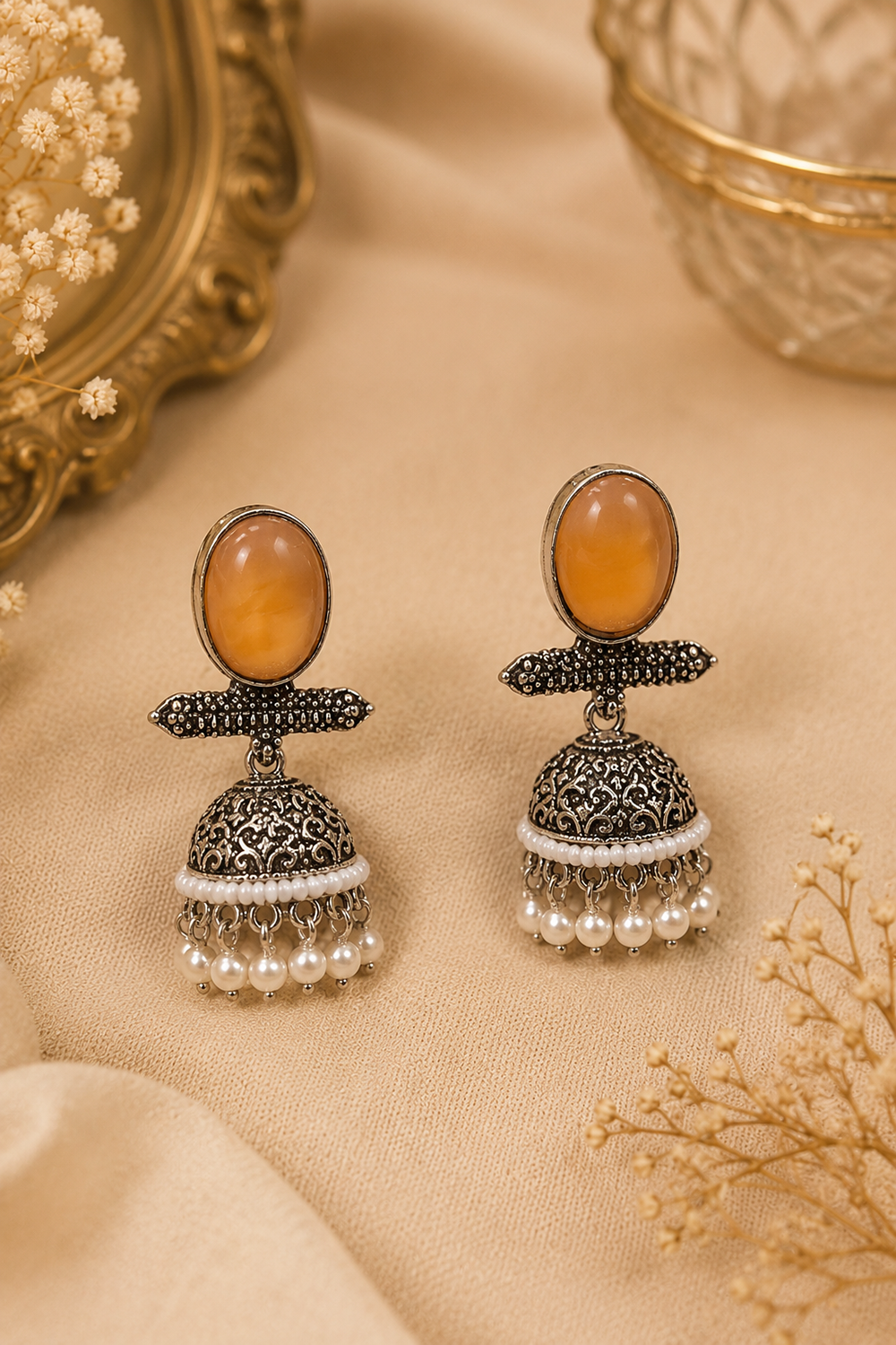 Celeste Oxidized Silver Pearl Jhumka Earrings – Available in 12 Colors