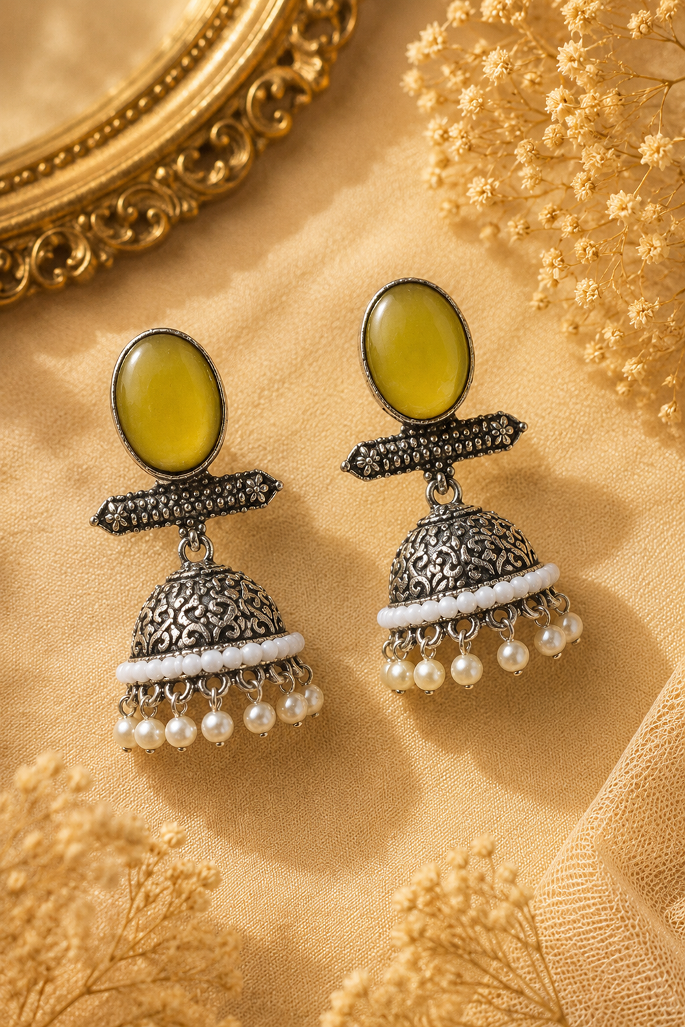 Celeste Oxidized Silver Pearl Jhumka Earrings – Available in 12 Colors