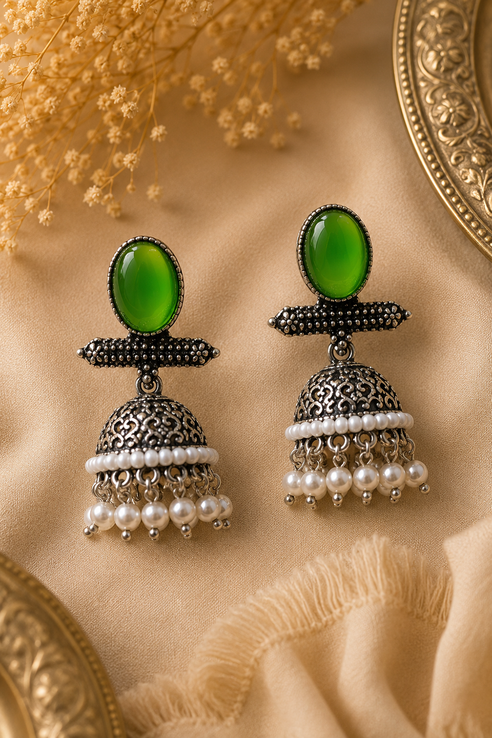 Celeste Oxidized Silver Pearl Jhumka Earrings – Available in 12 Colors