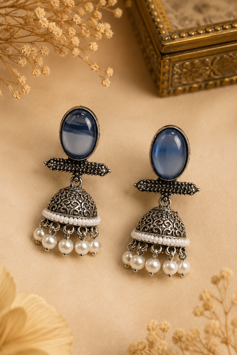 Celeste Oxidized Silver Pearl Jhumka Earrings – Available in 12 Colors