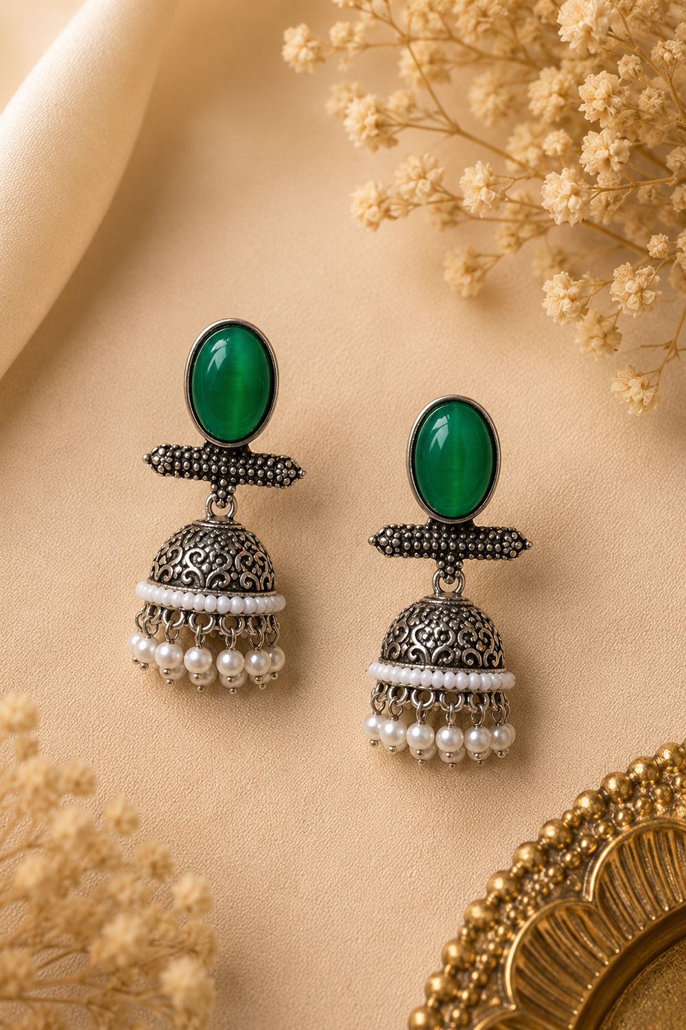 Celeste Oxidized Silver Pearl Jhumka Earrings – Available in 12 Colors