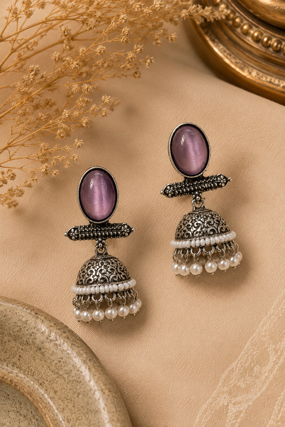 Celeste Oxidized Silver Pearl Jhumka Earrings – Available in 12 Colors