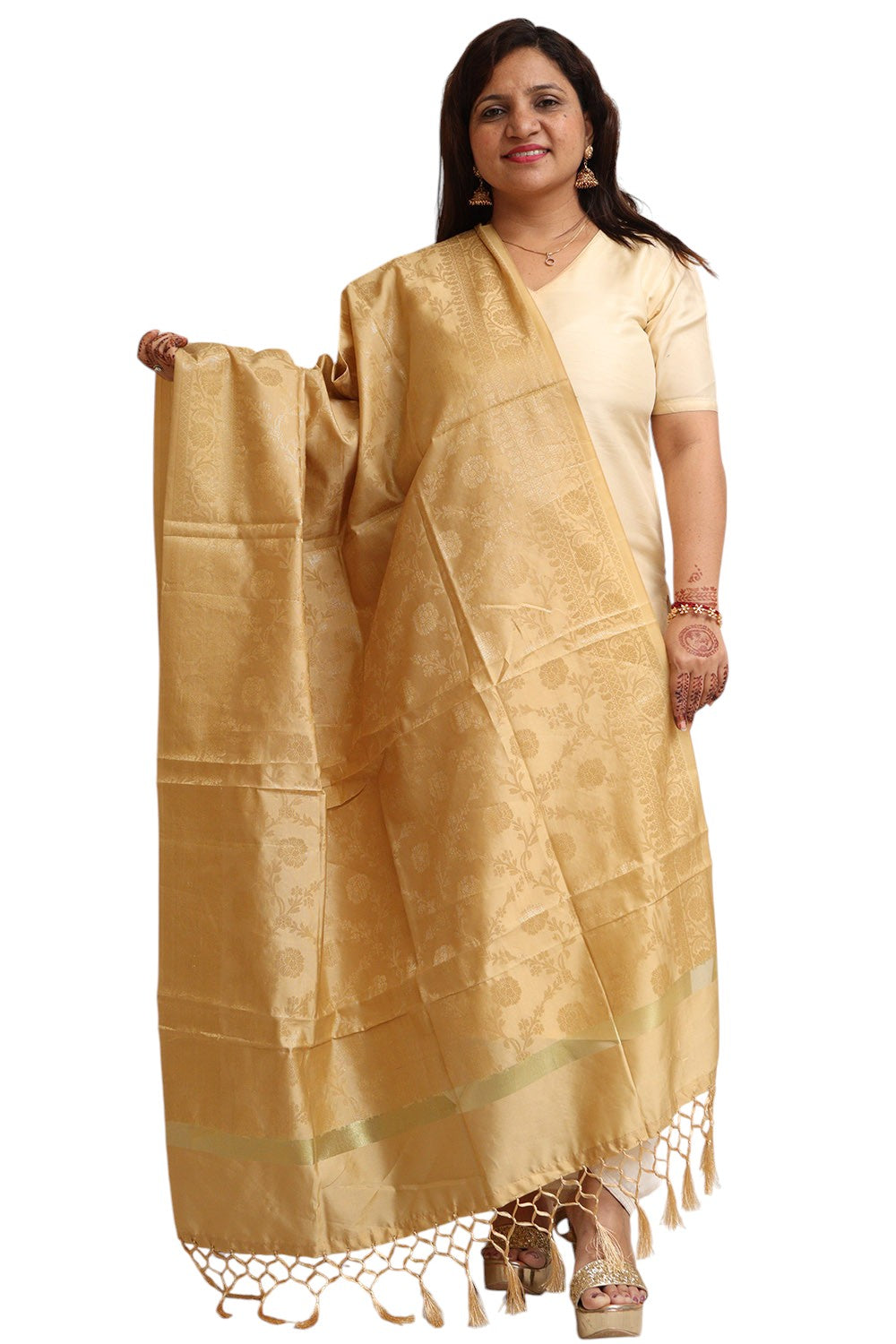 Golden Banarasi Silk Dupatta - with a beautifully handcrafted matching tassel - Taniva