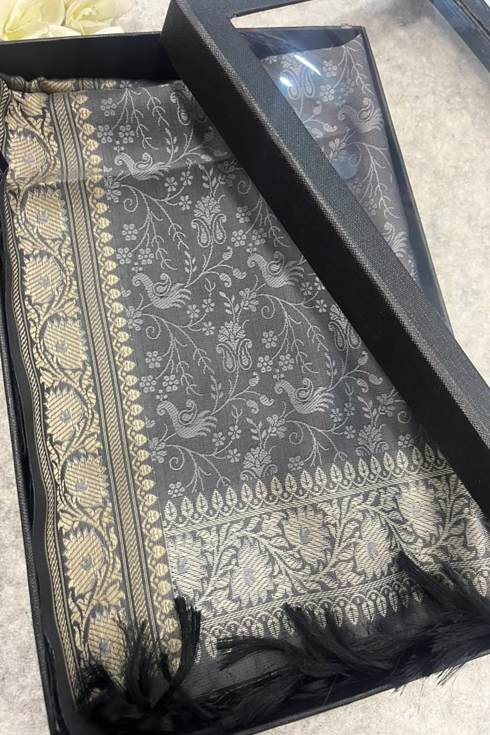 Gift Box of Pashmina Design Grey Banarasi Silk Stole with traditional integrate design – Pack of 1