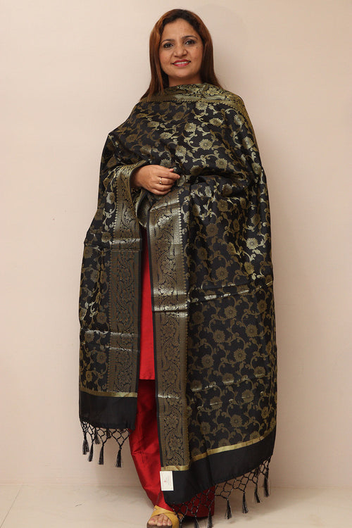 Elegant Black Banarasi Silk Dupatta - Taniva