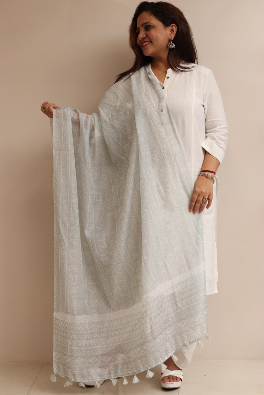 Taniva - Grey Digital Printed Chanderi Dupatta with Handcrafted Tassels â€“ Traditional Wear for Women, Lightweight & Elegant - Taniva