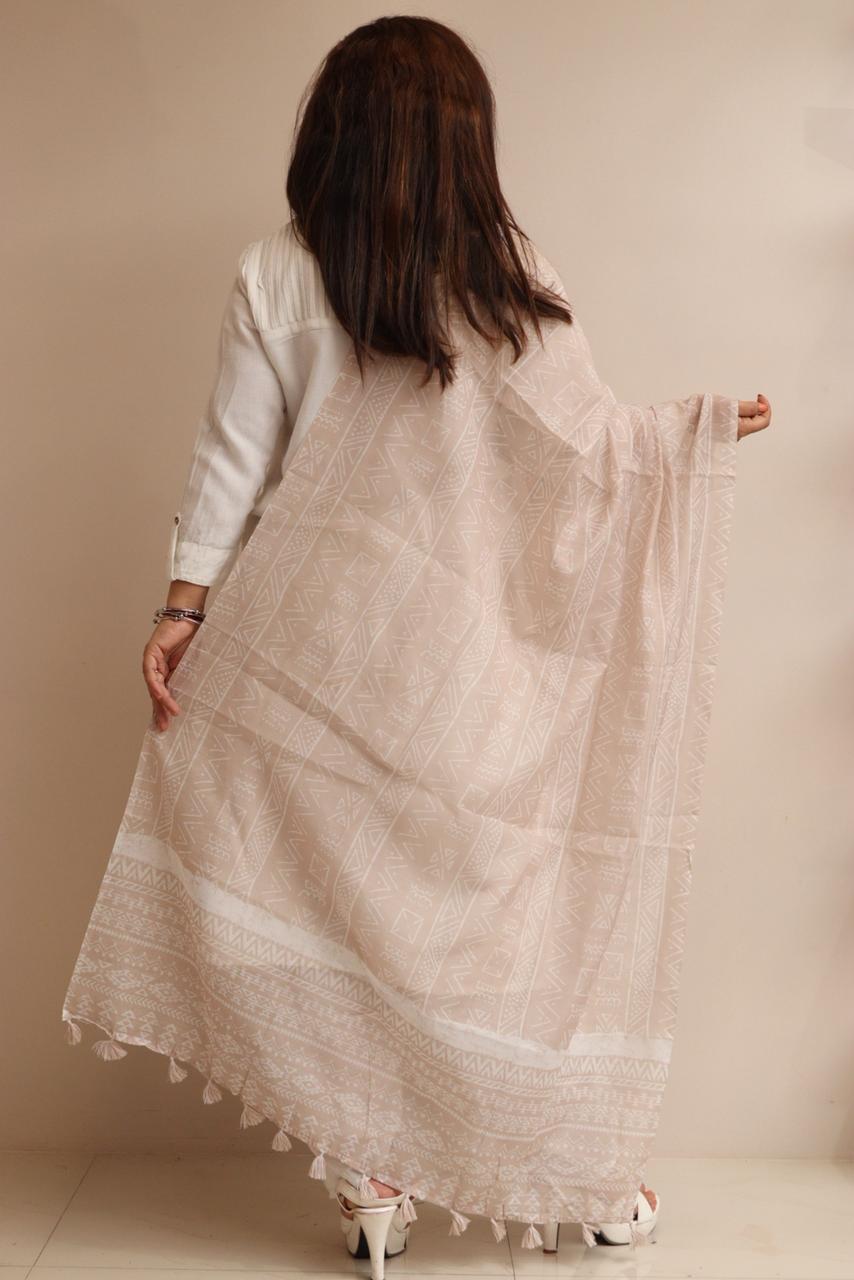 Taniva - Cream Digital Printed Chanderi Dupatta with Handcrafted Tassels â€“ Traditional Wear for Women, Lightweight & Elegant - Taniva