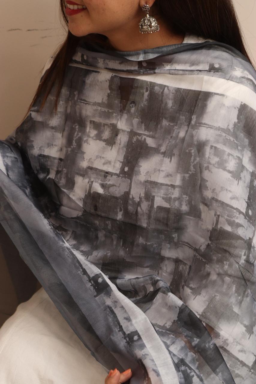 Taniva - Grey Digital Printed Chanderi Dupatta with Handcrafted Tassels â€“ Traditional Wear for Women, Lightweight & Elegant - Taniva