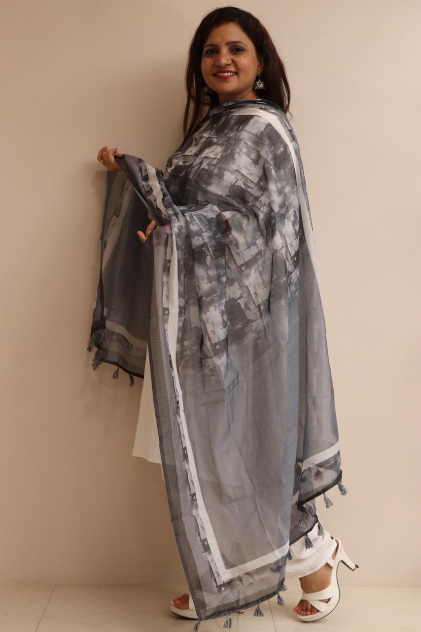 Taniva - Grey Digital Printed Chanderi Dupatta with Handcrafted Tassels â€“ Traditional Wear for Women, Lightweight & Elegant - Taniva