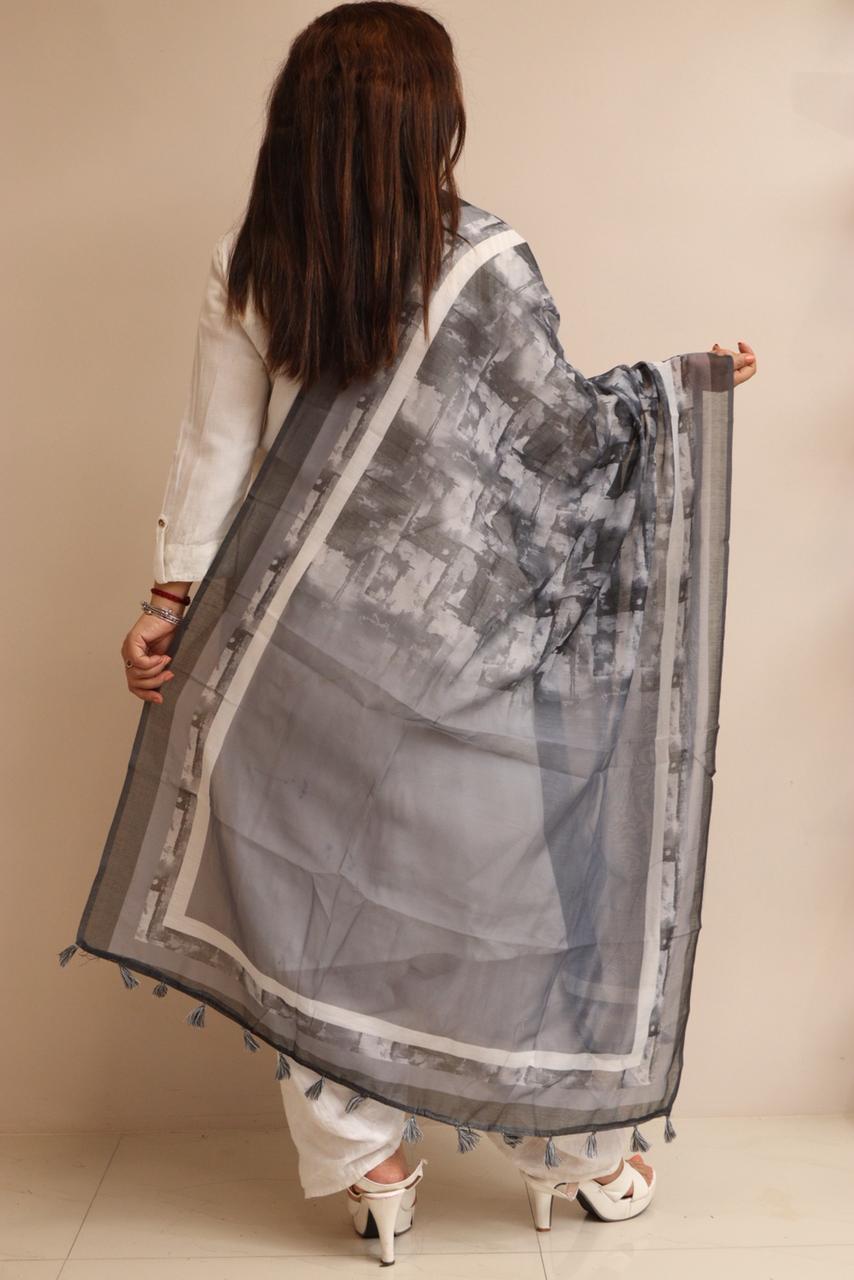 Taniva - Grey Digital Printed Chanderi Dupatta with Handcrafted Tassels â€“ Traditional Wear for Women, Lightweight & Elegant - Taniva