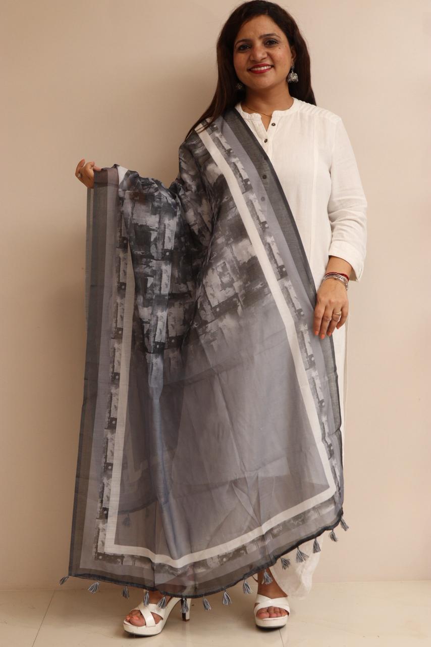 Taniva - Grey Digital Printed Chanderi Dupatta with Handcrafted Tassels â€“ Traditional Wear for Women, Lightweight & Elegant - Taniva