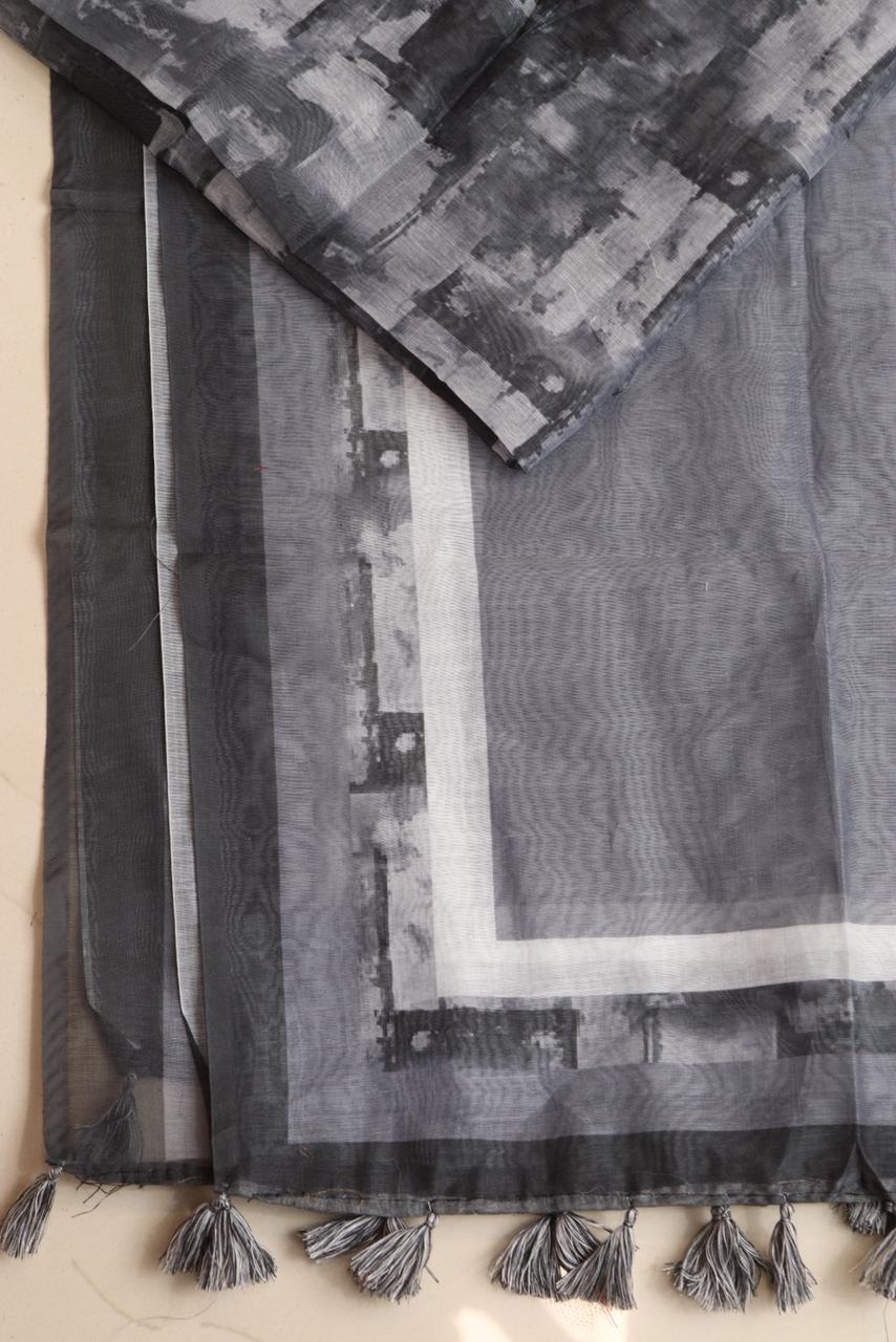 Taniva - Grey Digital Printed Chanderi Dupatta with Handcrafted Tassels â€“ Traditional Wear for Women, Lightweight & Elegant - Taniva
