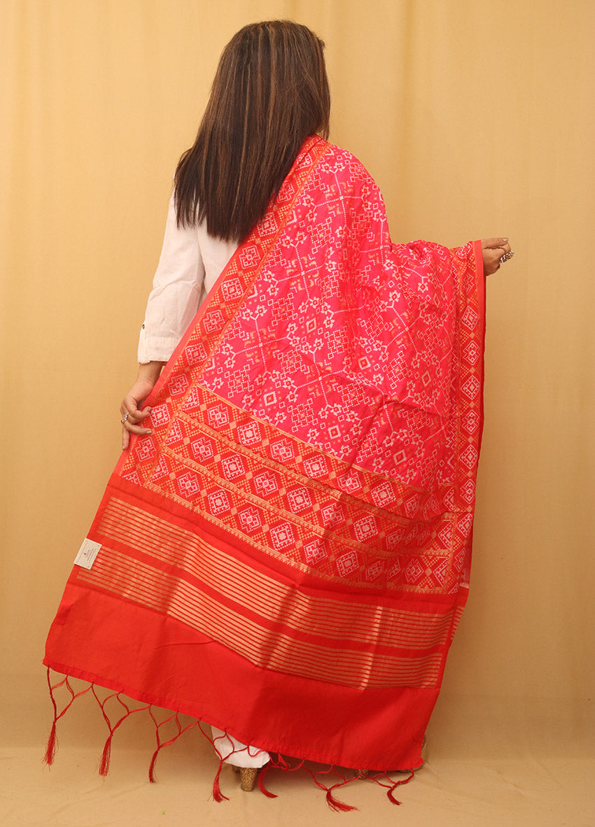 Stunning Pink Patola Silk Dupatta - with a beautifully handcrafted matching tassel - Taniva