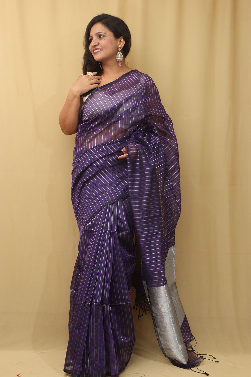 1 Min Ready To Wear - Purple Handloom Bengal Tussar Cotton Silver Zari Stripe Design Saree - Luxurion World