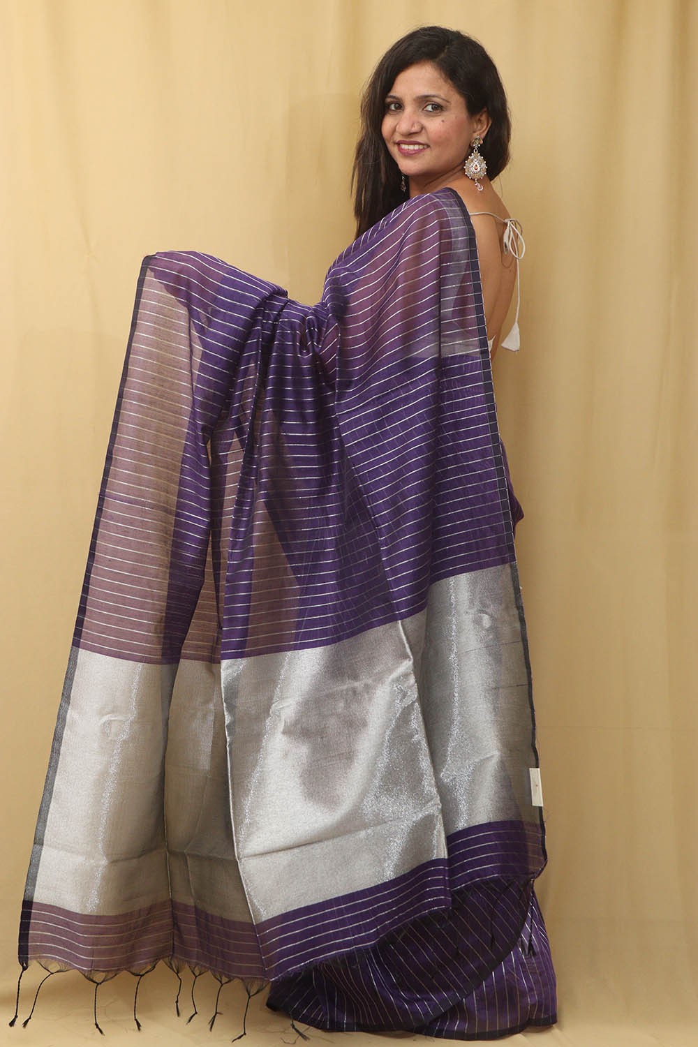 1 Min Ready To Wear - Purple Handloom Bengal Tussar Cotton Silver Zari Stripe Design Saree - Luxurion World