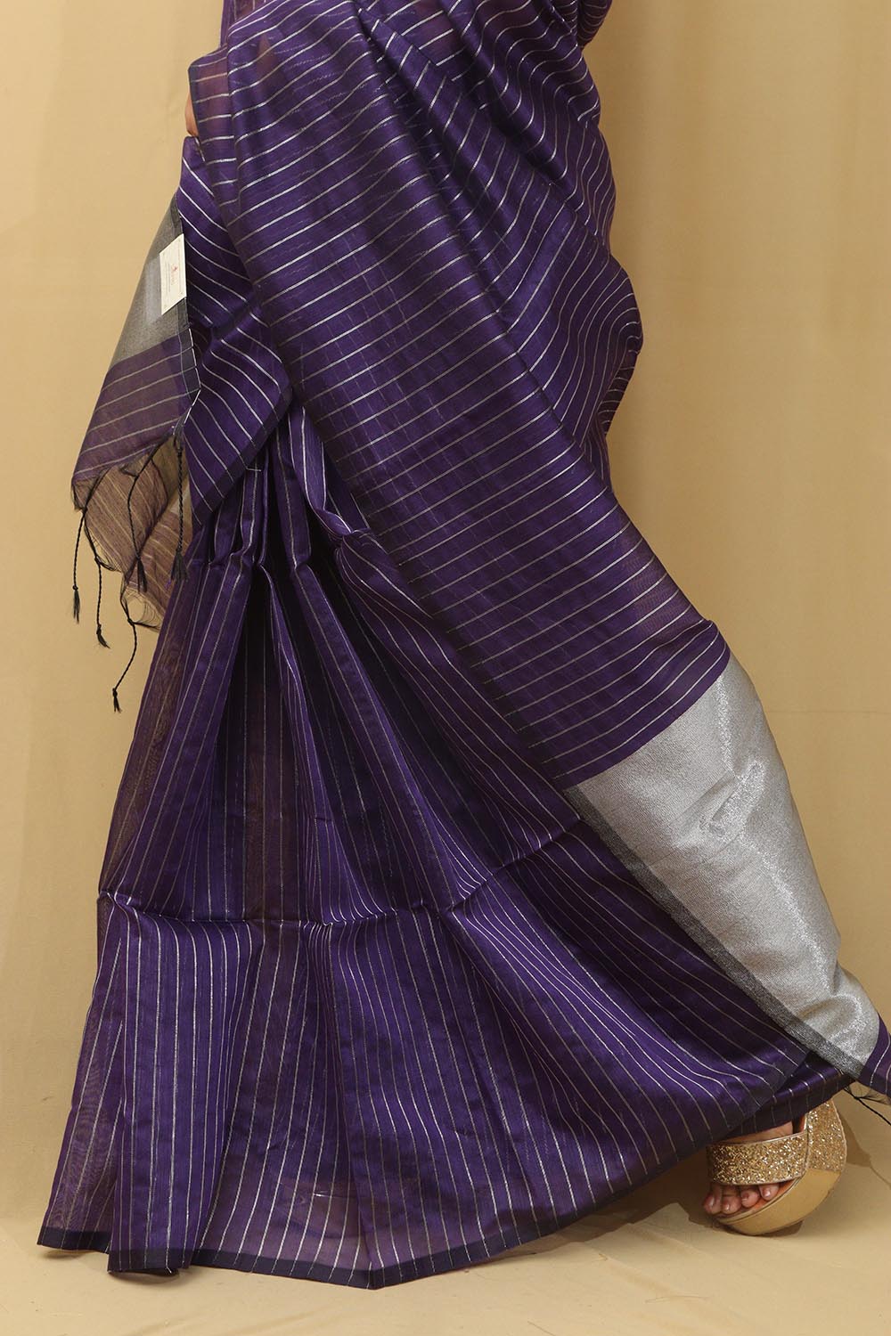 1 Min Ready To Wear - Purple Handloom Bengal Tussar Cotton Silver Zari Stripe Design Saree - Luxurion World