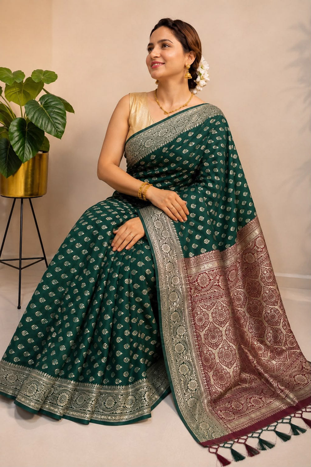 Green Banarasi Cotton Silk Booti Design Saree Festive