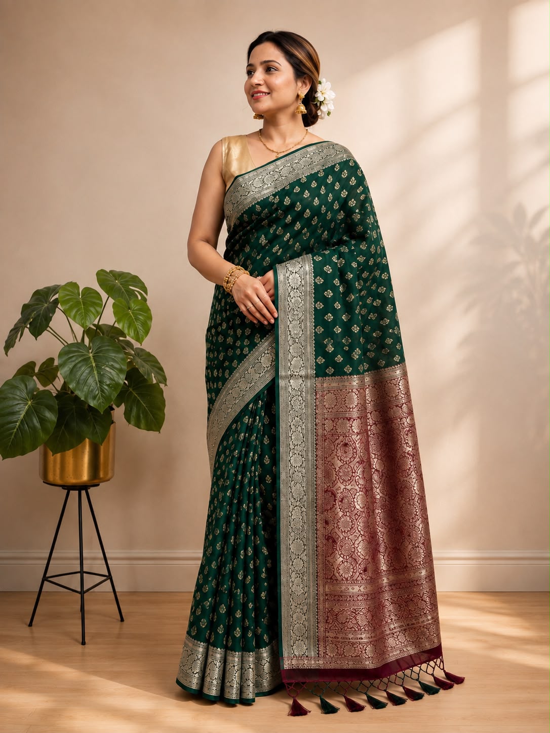 Green Banarasi Cotton Silk Booti Design Saree Festive