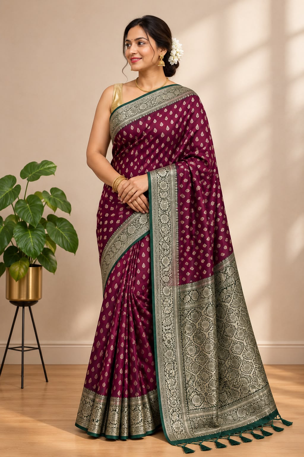 Maroon Banarasi Cotton Silk Booti Design Saree Festive