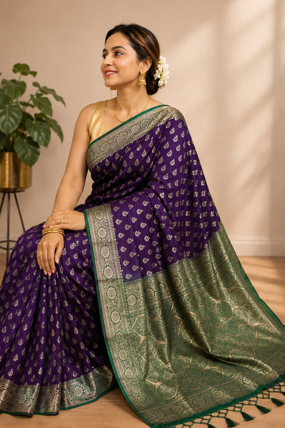Purple Banarasi Cotton Silk Booti Design Saree Festive