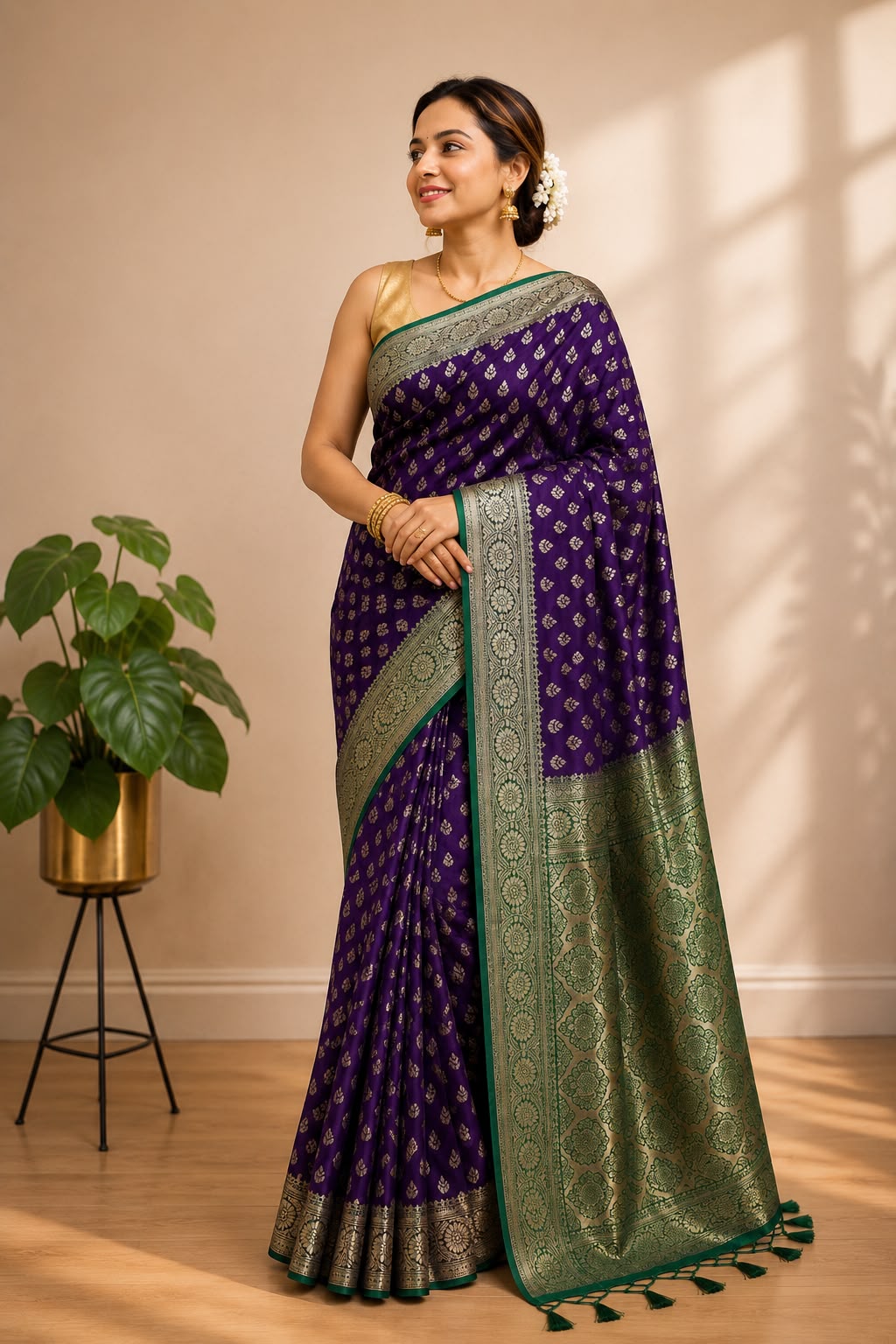 Purple Banarasi Cotton Silk Booti Design Saree Festive