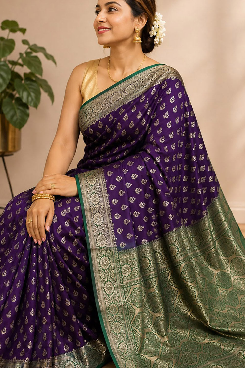 Purple Banarasi Cotton Silk Booti Design Saree Festive