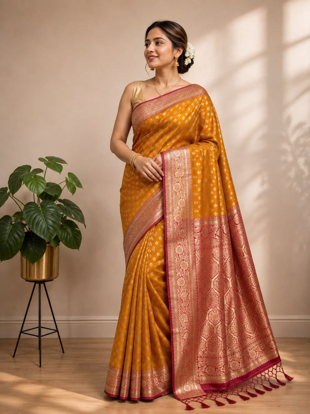 Yellow Banarasi Cotton Silk Booti Design Saree Festive