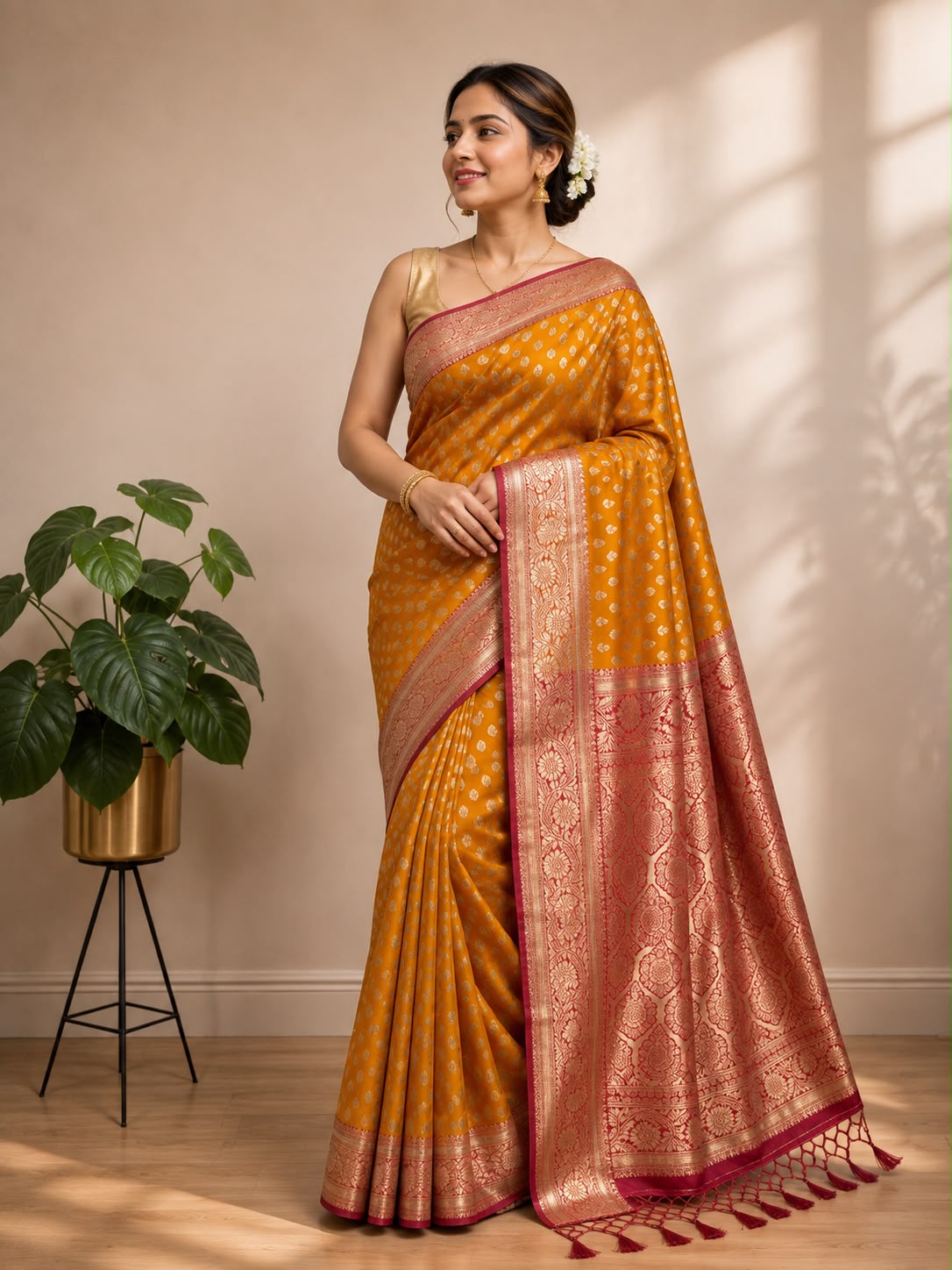 Yellow Banarasi Cotton Silk Booti Design Saree Festive