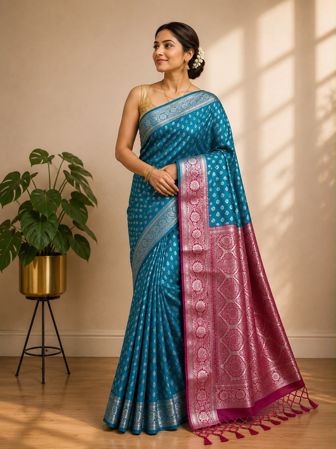 Blue Banarasi Cotton Silk Saree Booti Design India