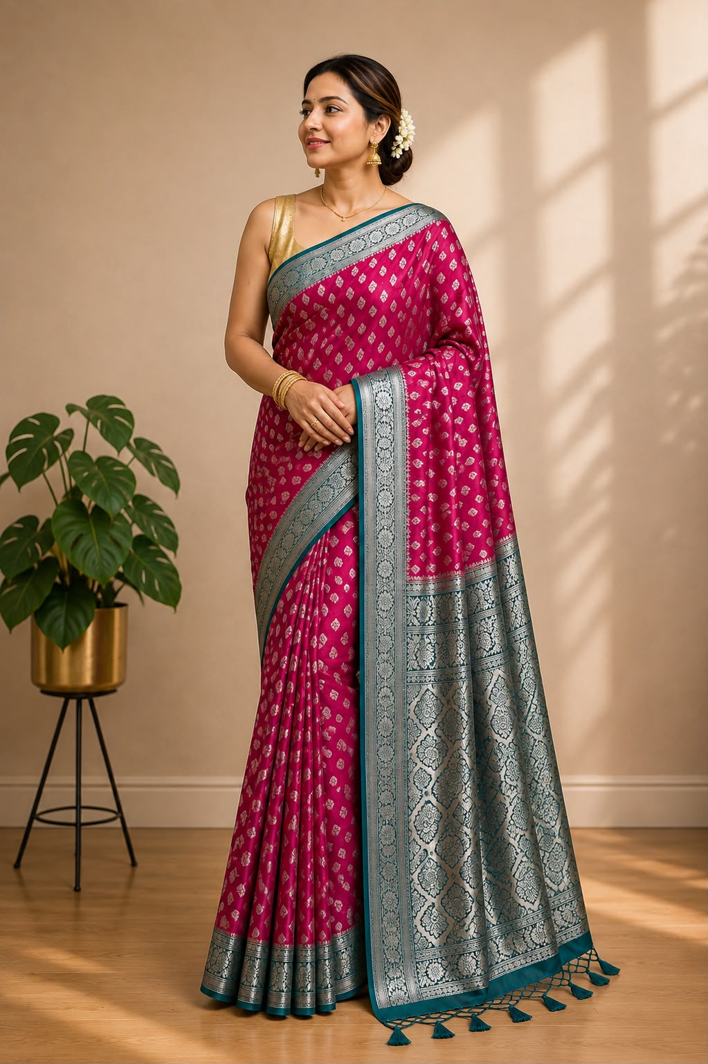 Pink Banarasi Cotton Silk Saree Booti Design