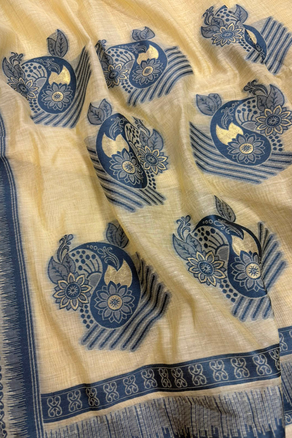 White Blue Bhagalpur Cotton Silk Saree