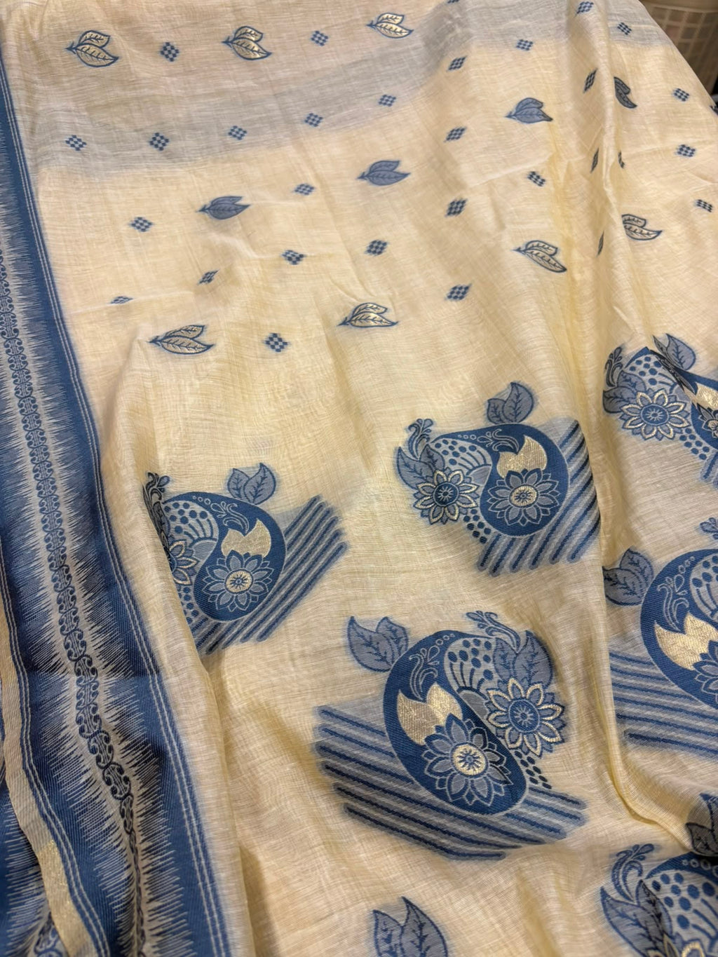 White Blue Bhagalpur Cotton Silk Saree