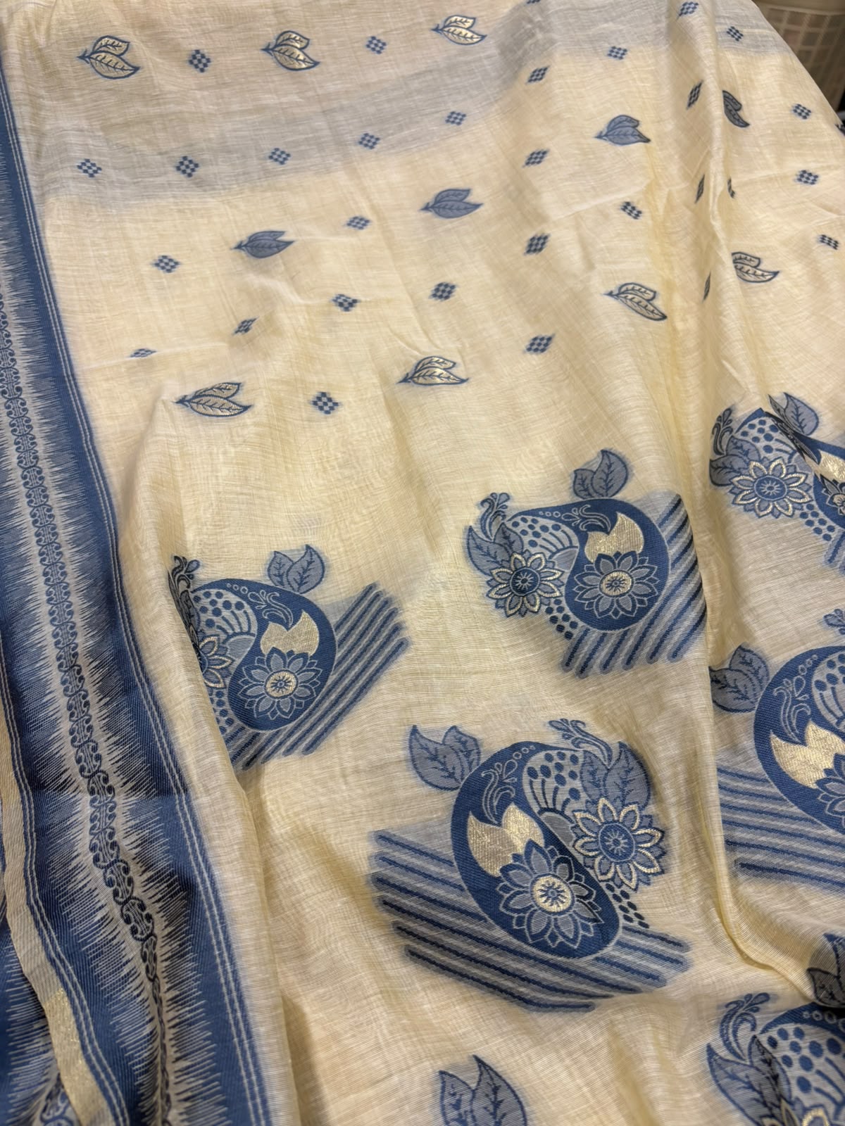 White Blue Bhagalpur Cotton Silk Saree