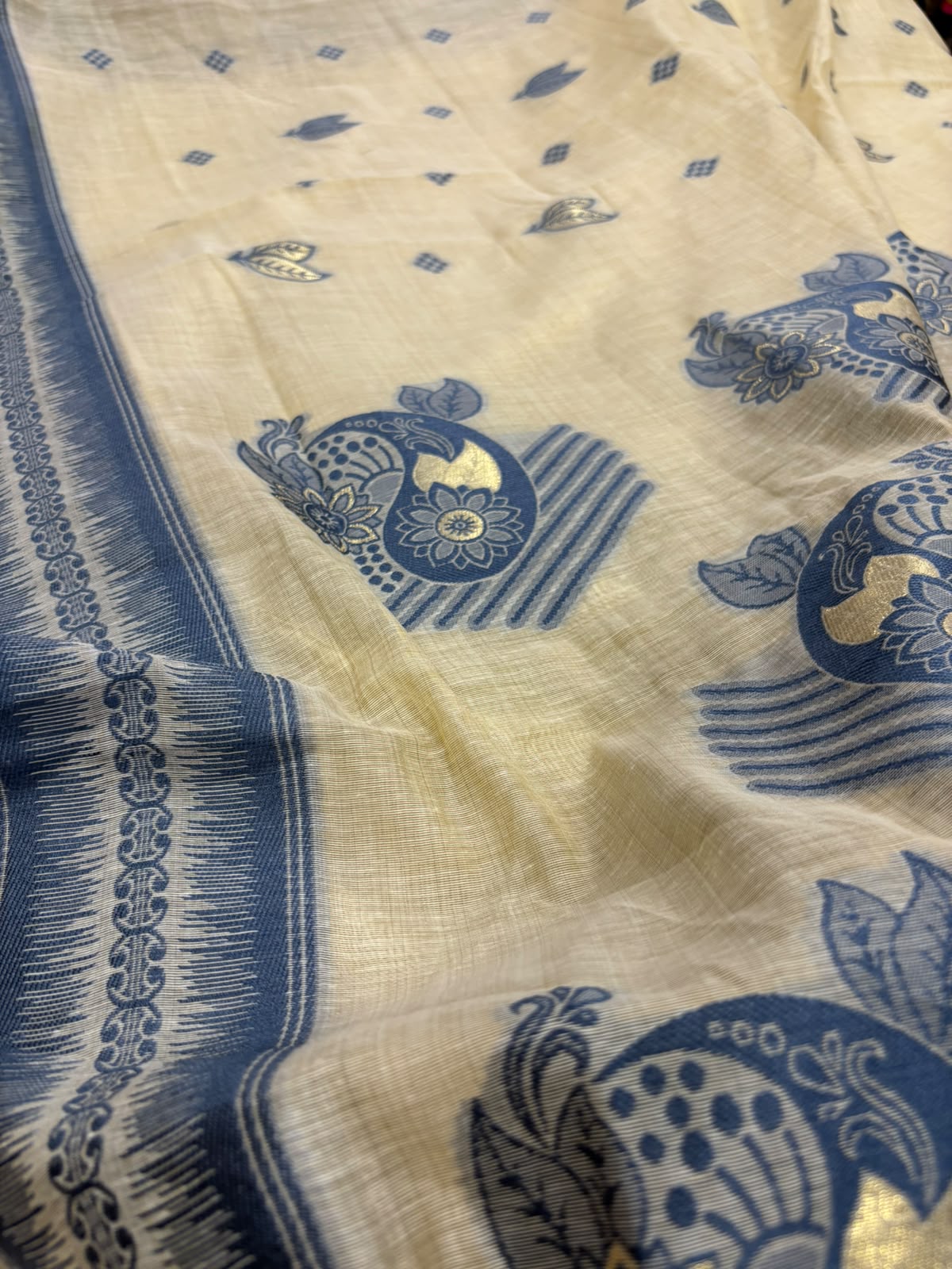 White Blue Bhagalpur Cotton Silk Saree