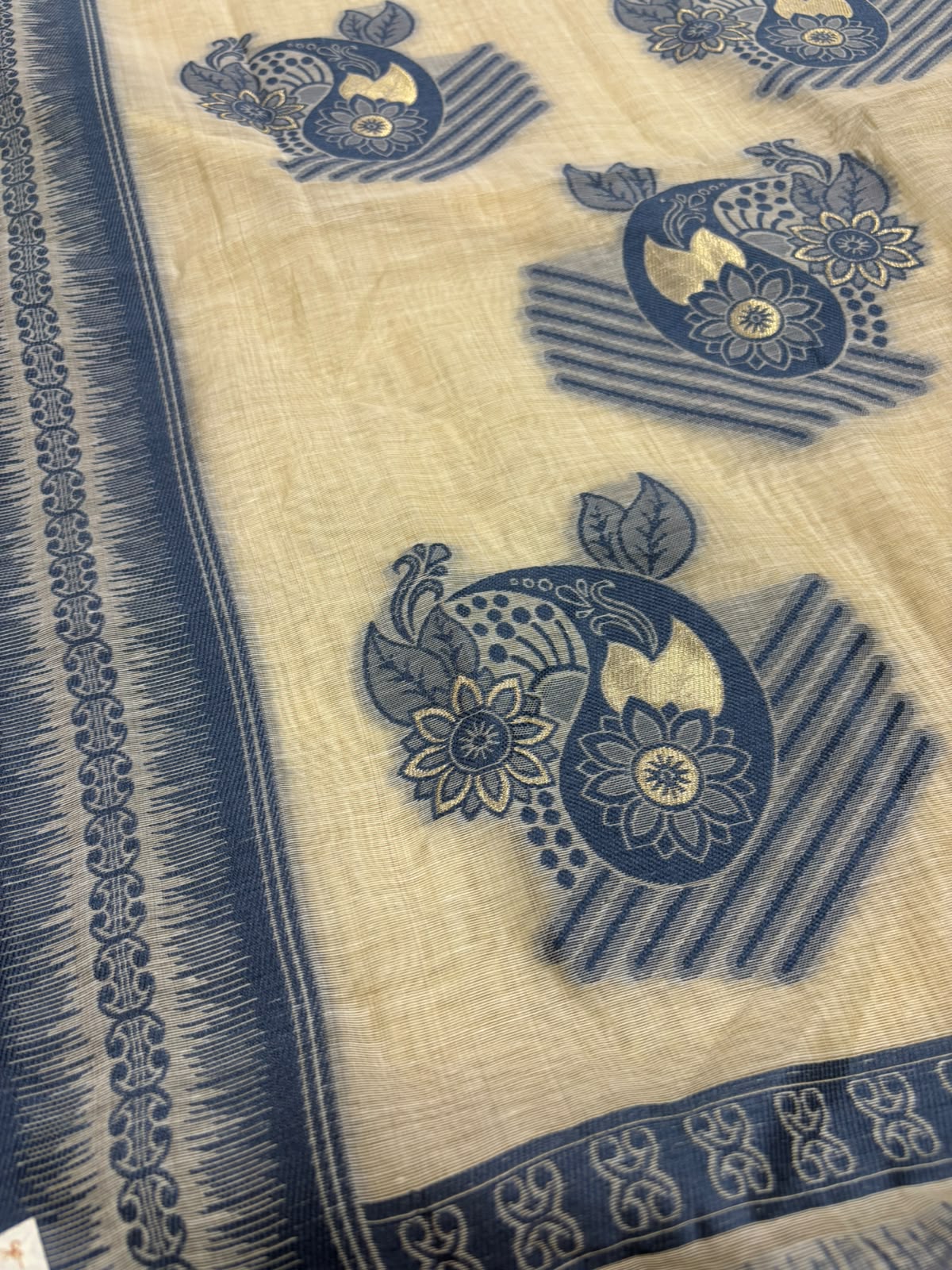 White Blue Bhagalpur Cotton Silk Saree