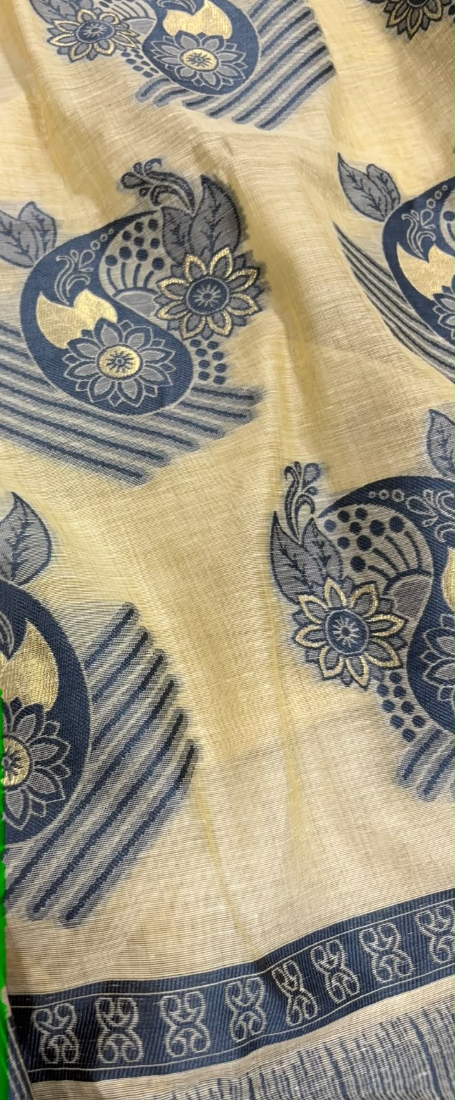 White Blue Bhagalpur Cotton Silk Saree