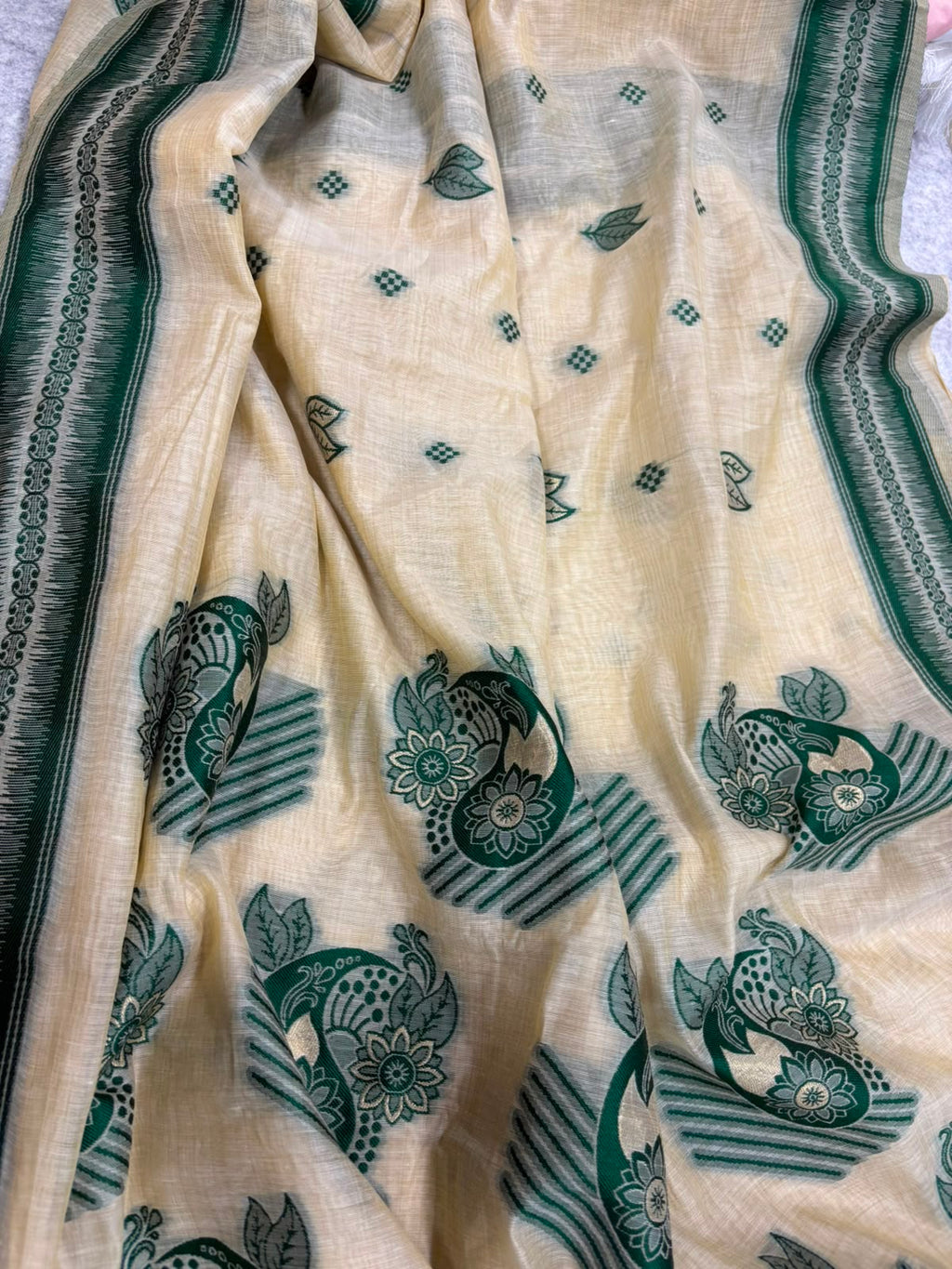 White Green Bhagalpur Cotton Silk Saree