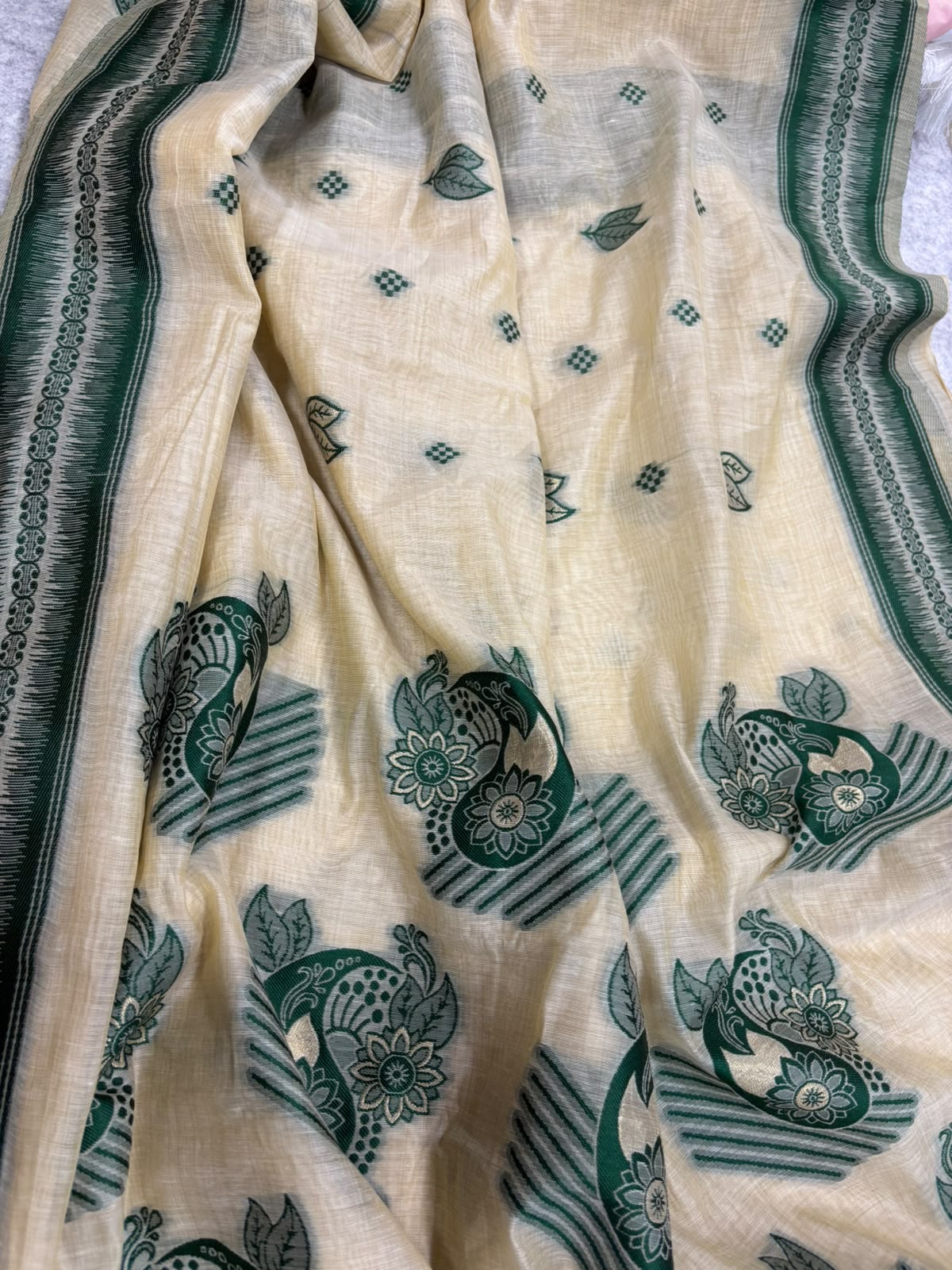 White Green Bhagalpur Cotton Silk Saree