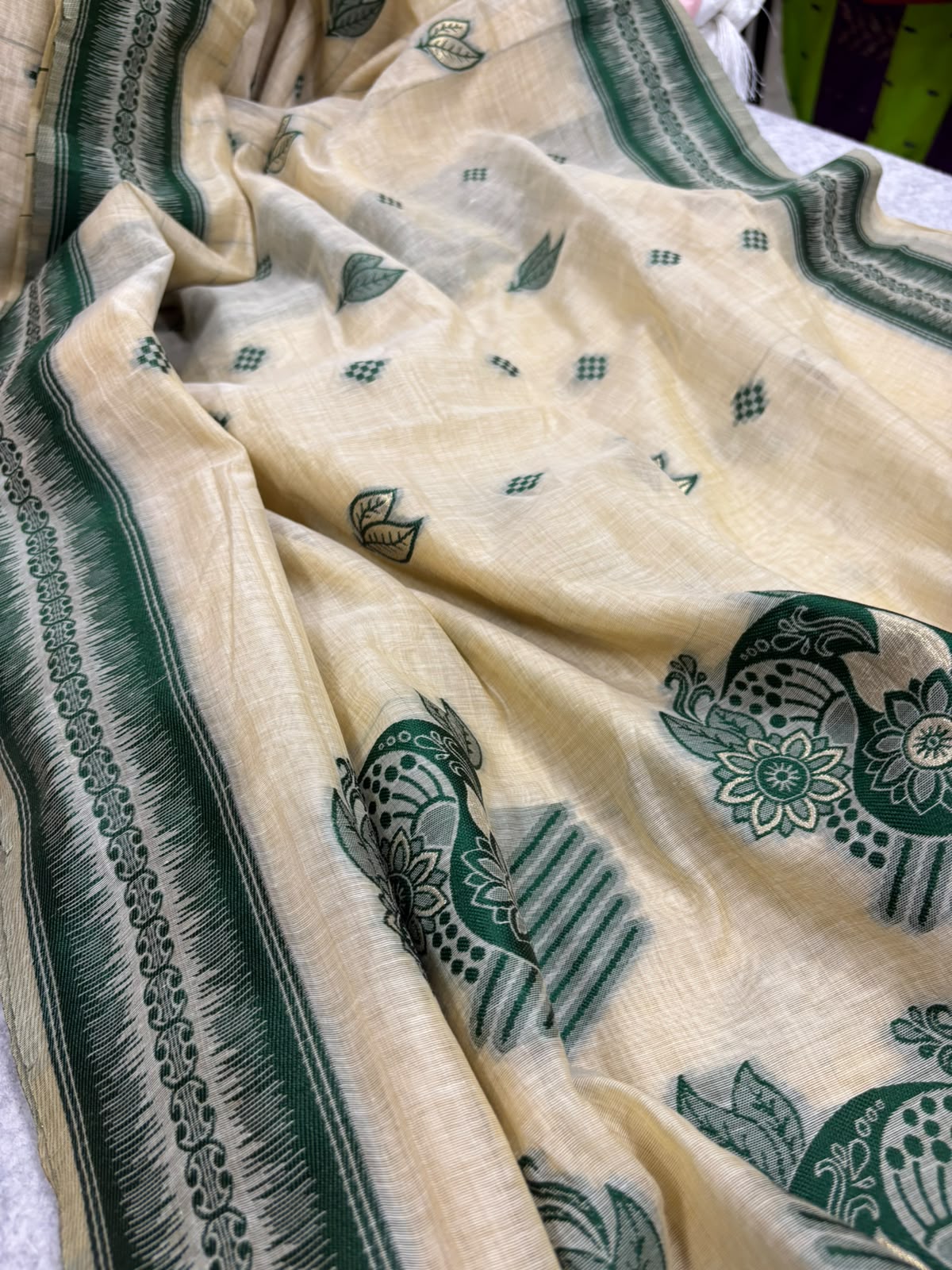 White Green Bhagalpur Cotton Silk Saree