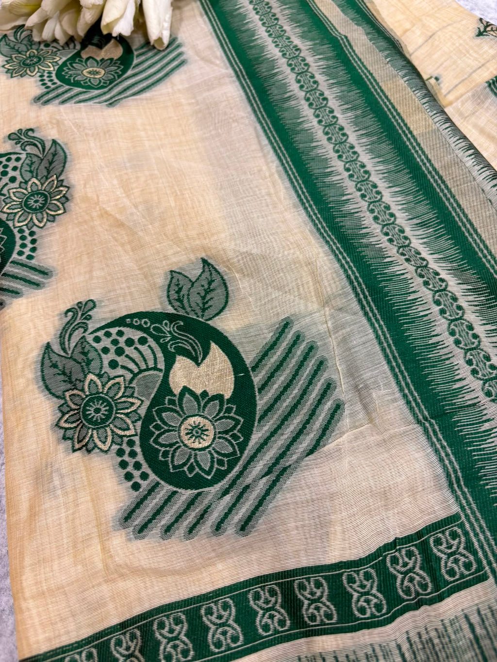 White Green Bhagalpur Cotton Silk Saree