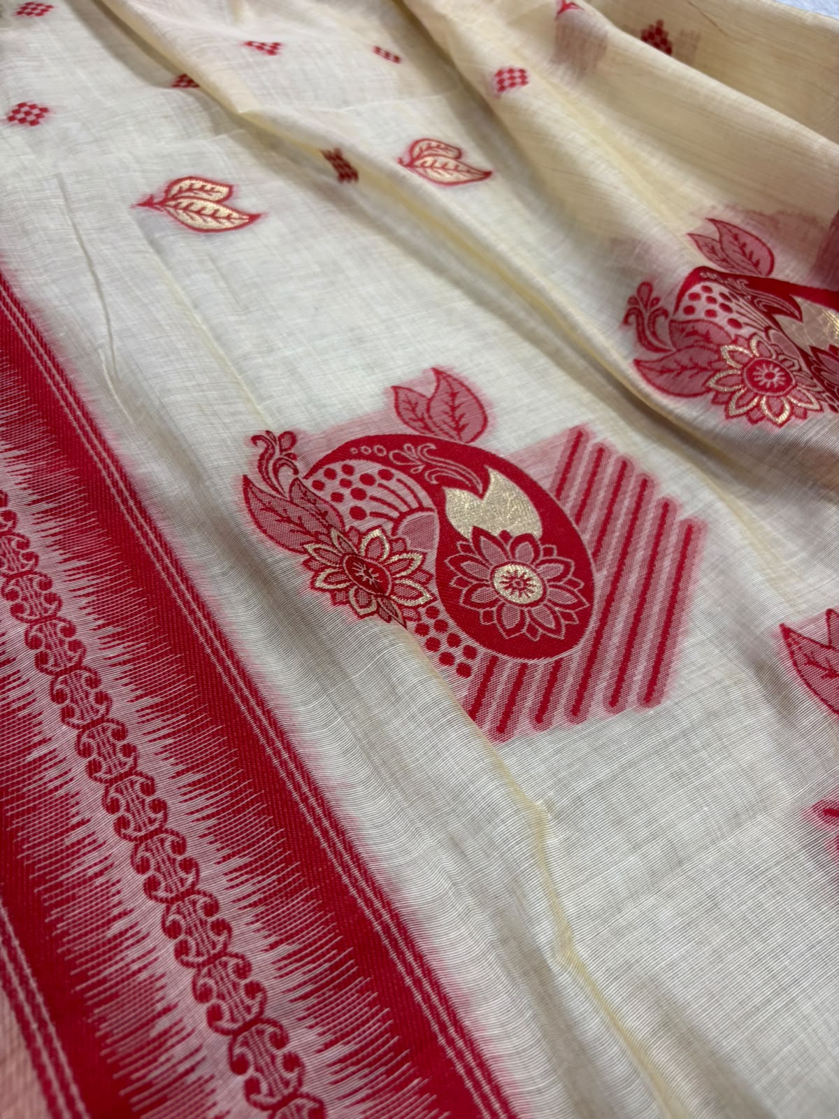 White And Maroon Bhagalpur Cotton Silk Saree