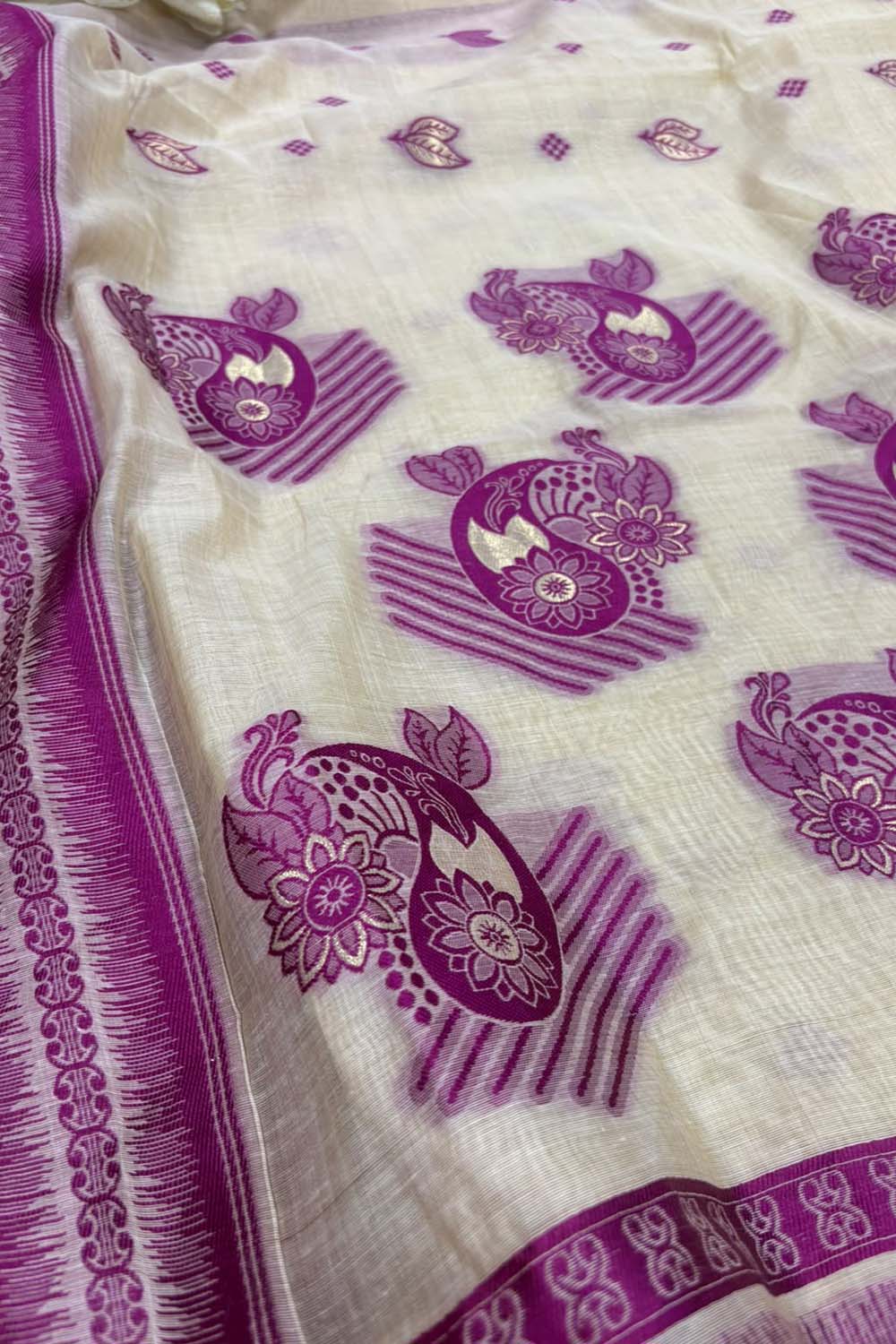 White And Pink Bhagalpur Cotton Silk Saree