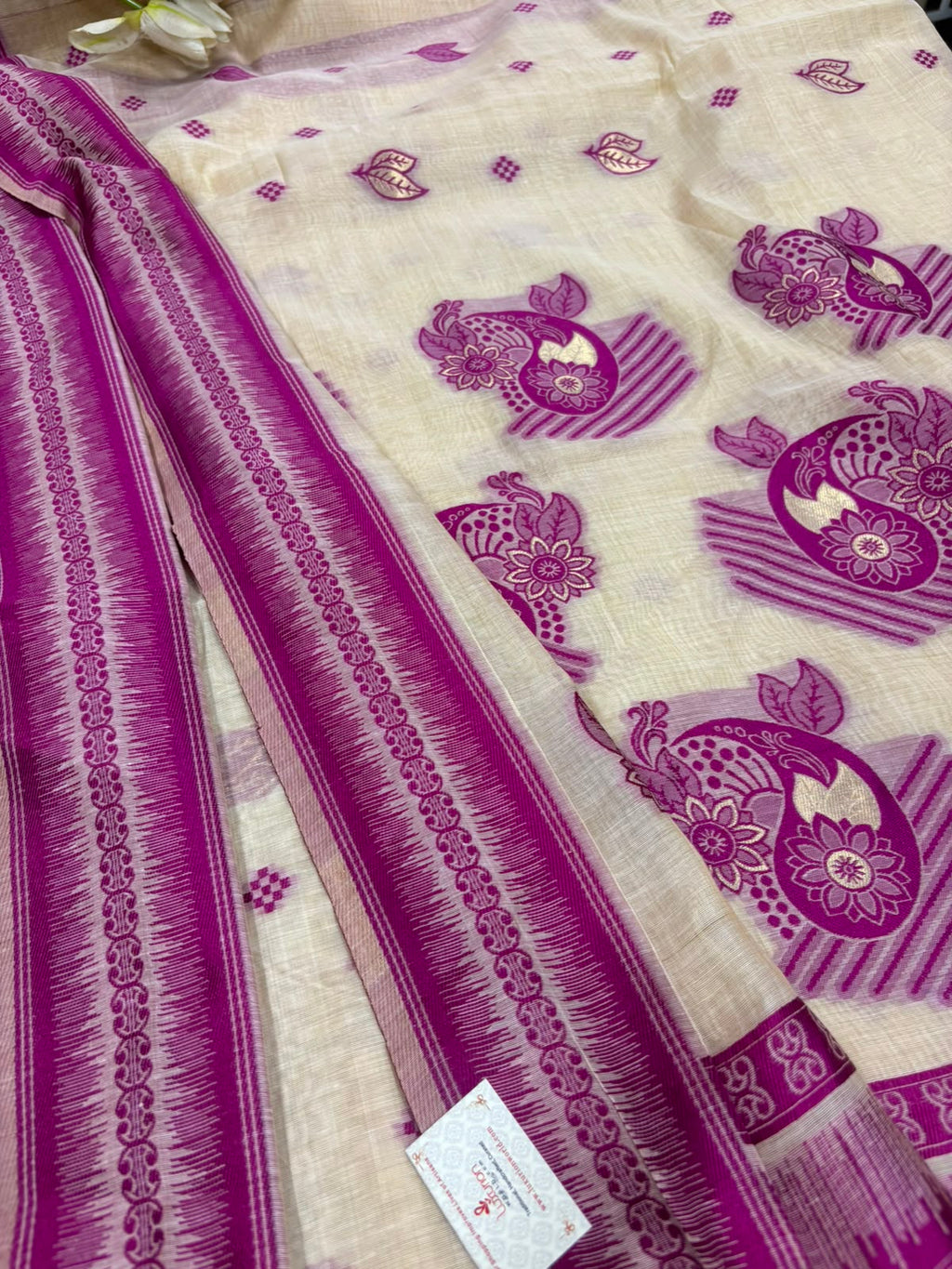White And Pink Bhagalpur Cotton Silk Saree