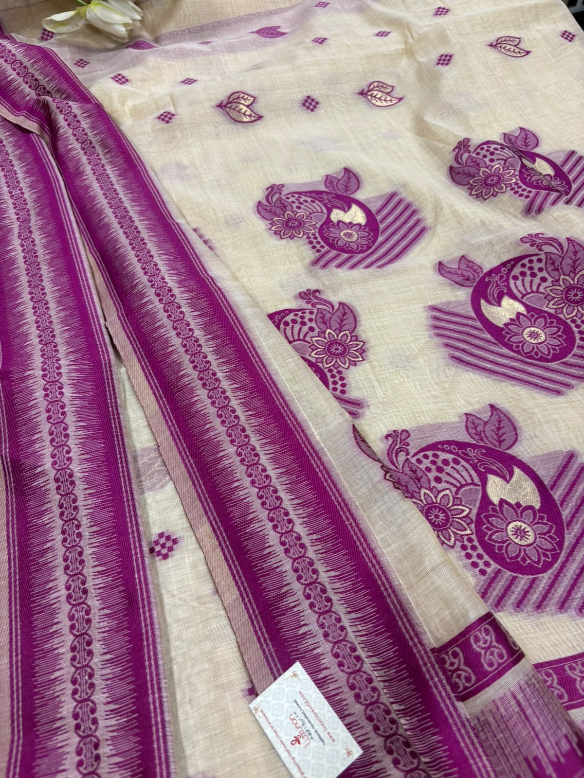 White And Pink Bhagalpur Cotton Silk Saree