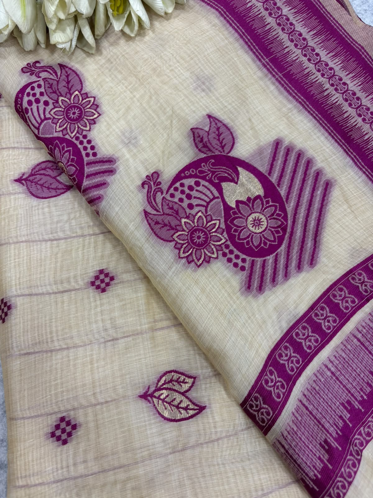 White And Pink Bhagalpur Cotton Silk Saree