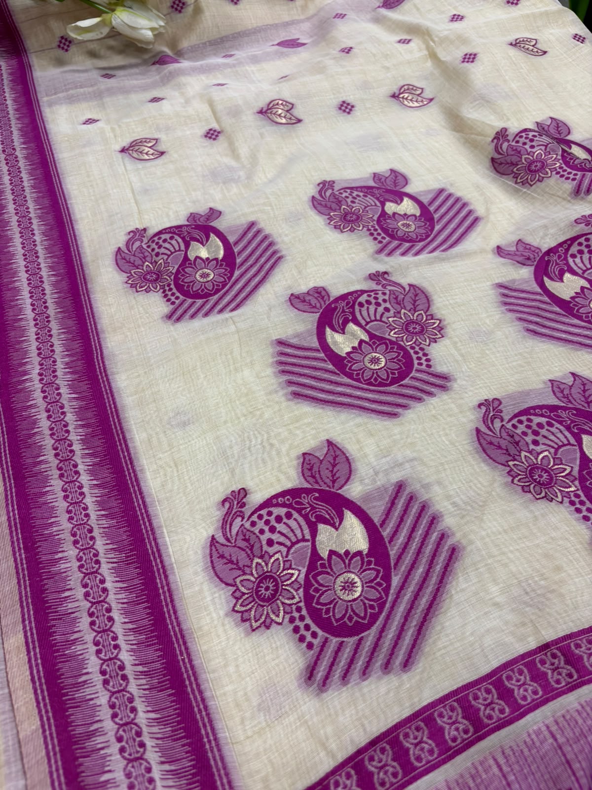 White And Pink Bhagalpur Cotton Silk Saree